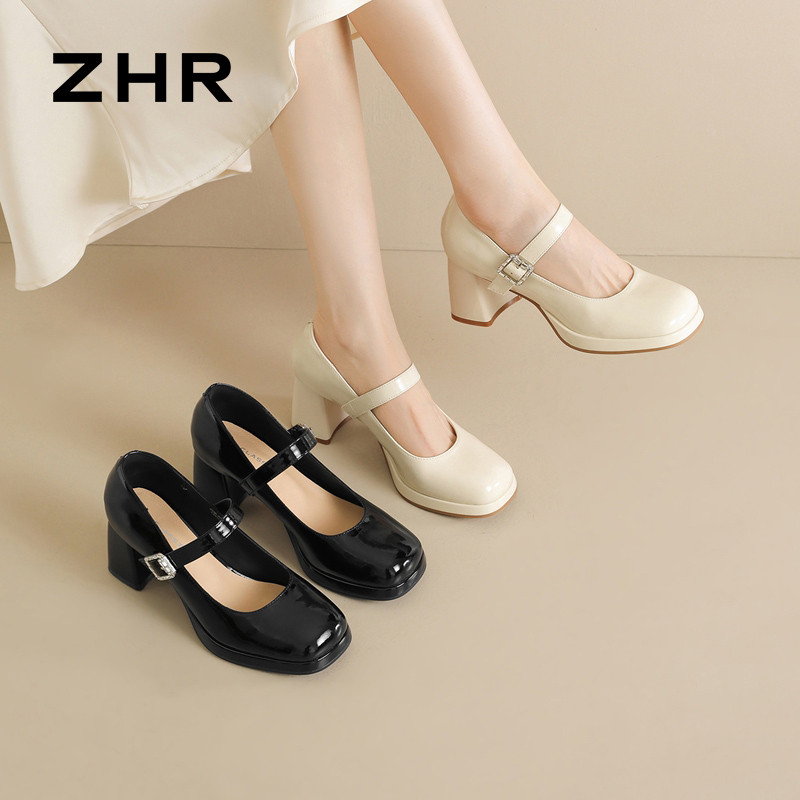 13693459.【ZHR则则】粗跟玛丽珍鞋浅口圆头套脚粗跟女鞋[猪皮软垫]