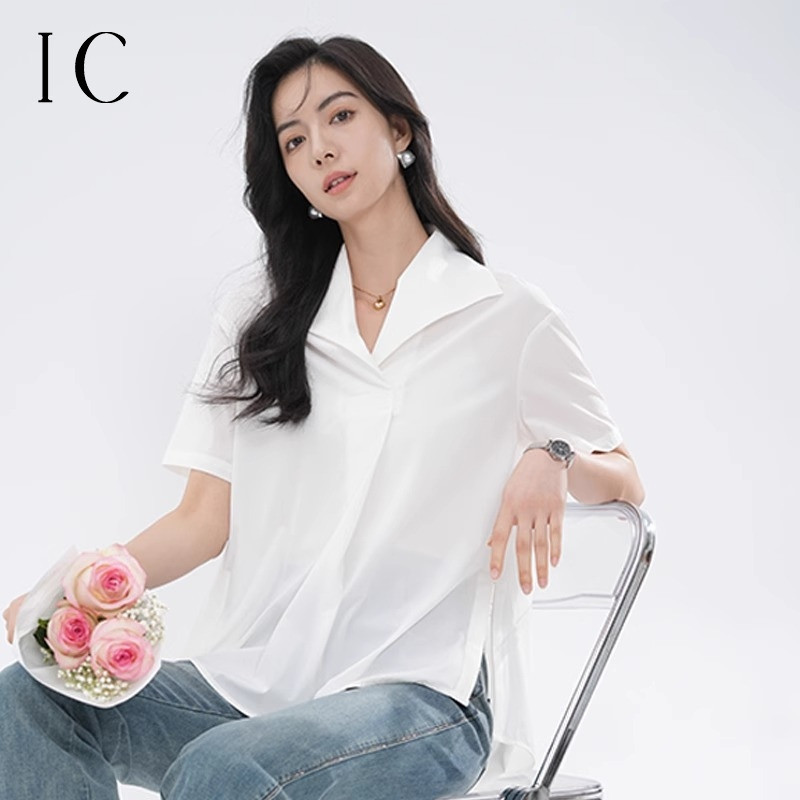 13357125.气质上衣女高级感大翻领短袖休闲小衫宽松百搭舒适衬衫女夏季