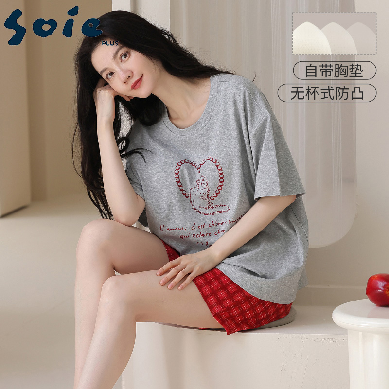 13358281.少宜睡衣套装家居服女款夏季带胸垫纯棉女士女孩短裤初中生少女风可爱短袖大童少女初中女生新款可外穿可外出薄款大码居家春秋长袖