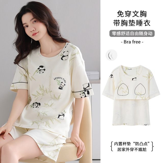 13358284.少宜睡衣套装家居服女款夏季带胸垫纯棉女士薄款短裤可爱短袖休闲女生女孩新款可外穿可外出大码居家春秋亲肤