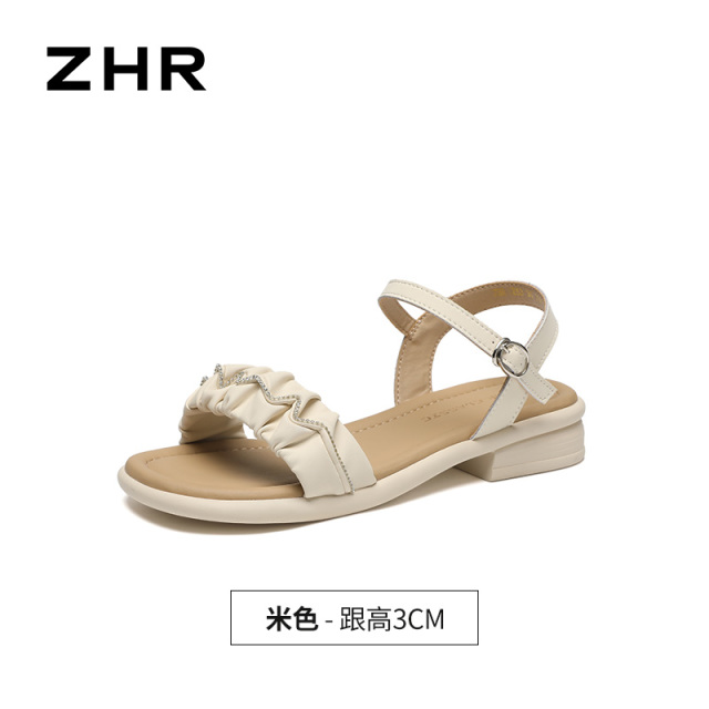 13355064.【ZHR则则】平底凉鞋露趾搭扣厚底女鞋[PU+牛剖层移膜革]