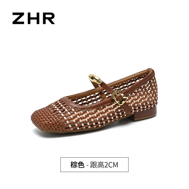 13680155.【ZHR则则】粗跟玛丽珍鞋方头镂空套脚平底女鞋[PU]
