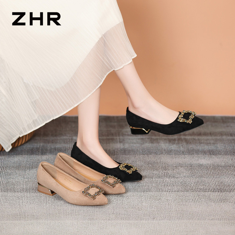 13355374.【ZHR则则】粗跟浅口尖头套脚厚底女鞋[绒布]