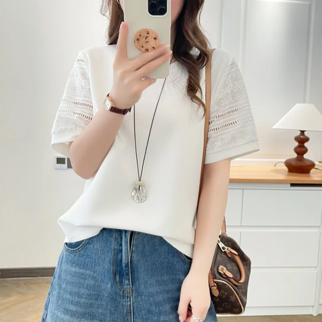 13460937.初云紫衣春夏装 女时尚百搭洋气显瘦蕾丝镂空拼接短袖T恤上衣2607