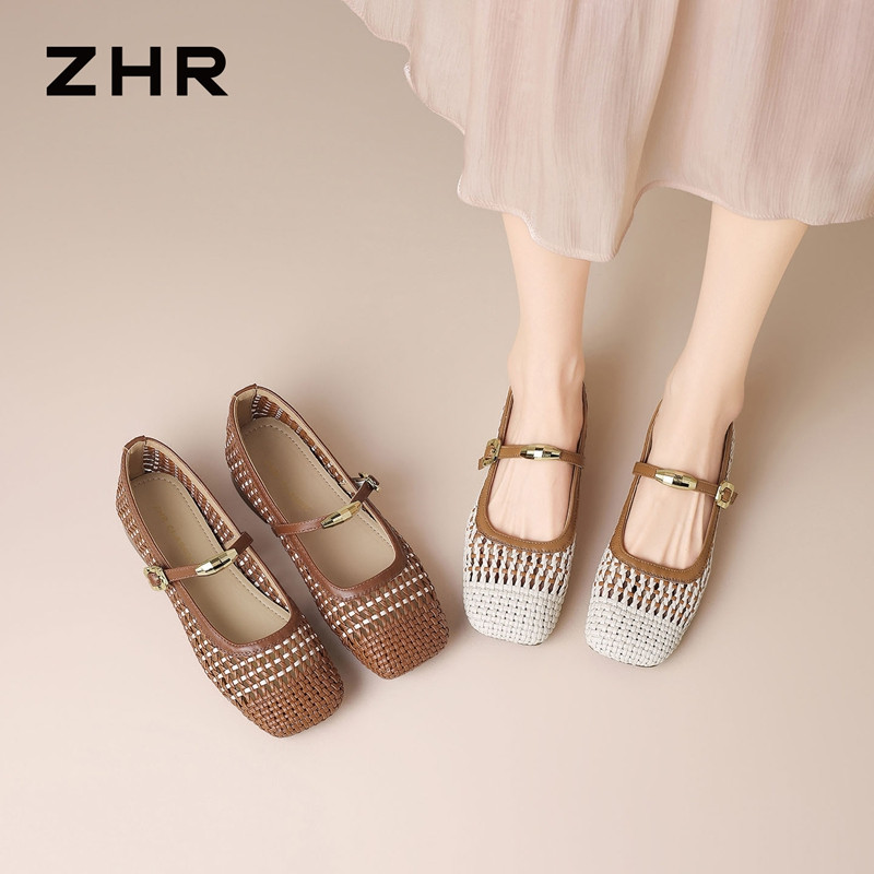 13680155.【ZHR则则】粗跟玛丽珍鞋方头镂空套脚平底女鞋[PU]