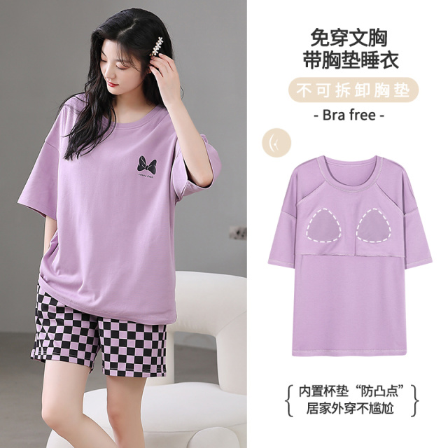 13358269.少宜睡衣套装家居服女款夏季新款带胸垫纯棉女士外穿可爱女生女孩可外出薄款大码居家春秋亲肤休闲加大加肥基础