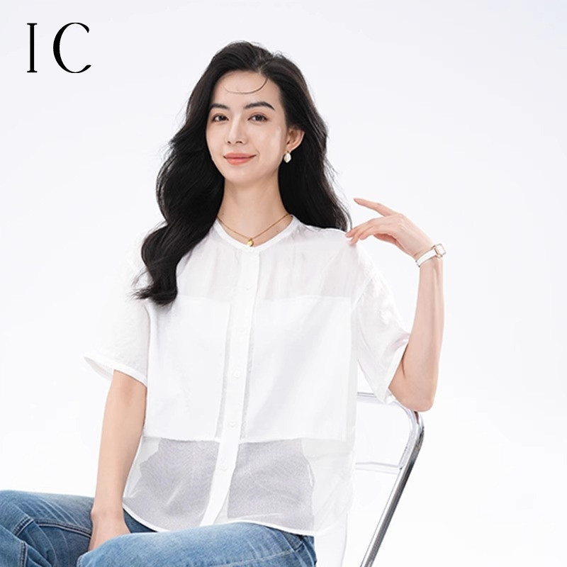 13357143.圆领拼接短袖衬衫上衣女休闲舒适时尚宽松百搭衬衣独特洋气小衫