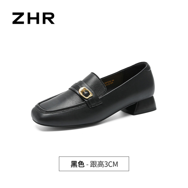 13676795.【ZHR则则】妈妈单鞋方头套脚金属扣粗跟女鞋[头层羊皮]
