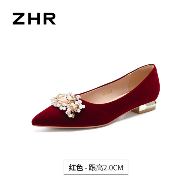 13355391.【ZHR则则】粗跟浅口尖头套脚平底女鞋[香槟色：格利特；红色：绒布； ]