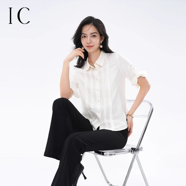 13357142.新款夏季衬衣POLO领压褶衬衫上衣女短袖百搭舒适设计法式小衫