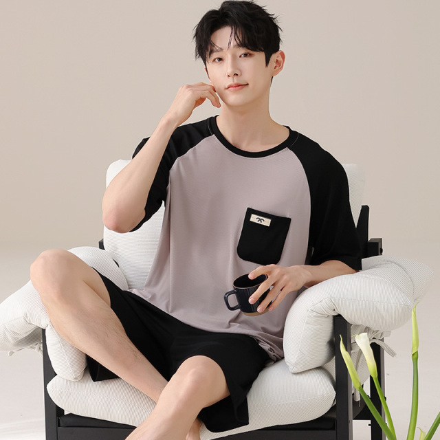 13358280.少宜睡衣套装家居服新款冰丝男士大码短裤短袖男生夏天简单今年流行螺纹薄款可外穿可外出居家春秋亲肤休闲加大