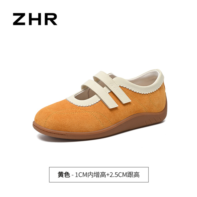 13844634.【ZHR则则】运动玛丽珍鞋圆头魔术贴厚底女鞋[黄色：牛剖层绒面革+超纤；银色：超纤贴皮]