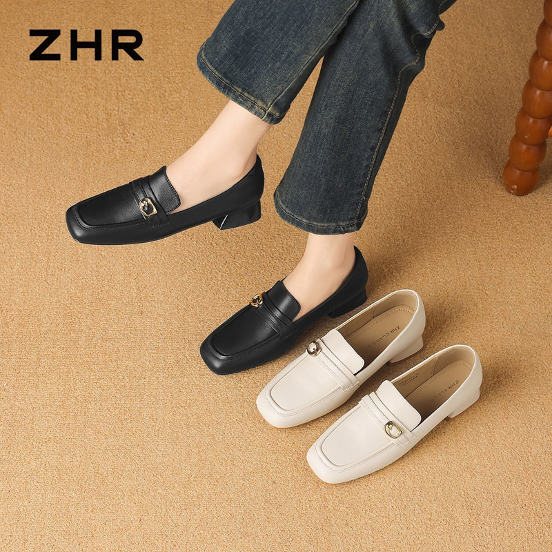 13676795.【ZHR则则】妈妈单鞋方头套脚金属扣粗跟女鞋[头层羊皮]