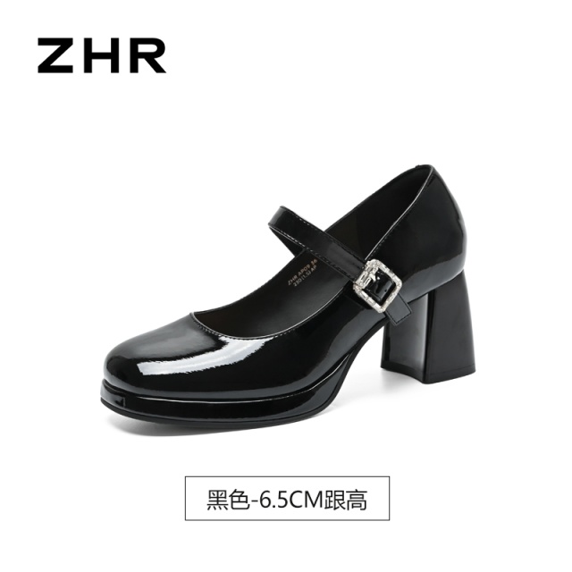 13693459.【ZHR则则】粗跟玛丽珍鞋浅口圆头套脚粗跟女鞋[猪皮软垫]