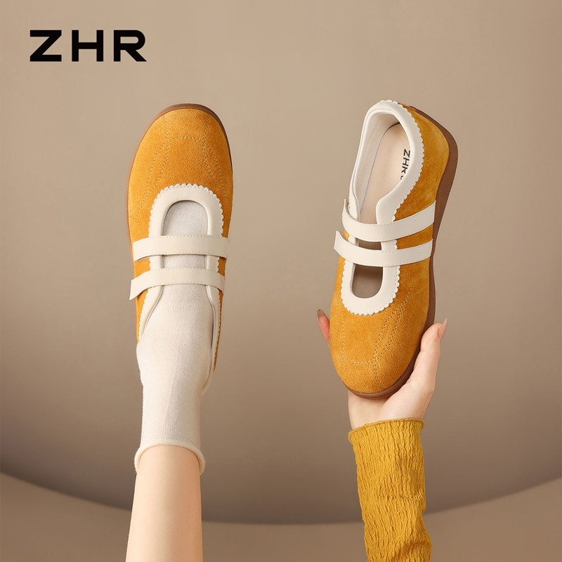 13844634.【ZHR则则】运动玛丽珍鞋圆头魔术贴厚底女鞋[黄色：牛剖层绒面革+超纤；银色：超纤贴皮]