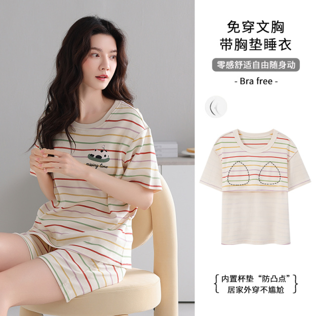 13358286.少宜睡衣套装家居服夏季新款带胸垫纯棉女士短裤短袖韩版女生女孩女款可外穿可外出薄款大码居家春秋亲肤休闲