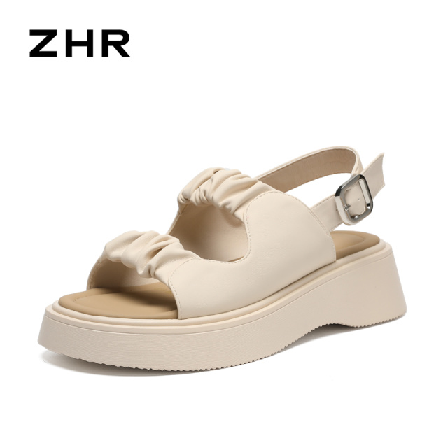 13535002.【ZHR则则】厚底凉鞋露趾褶面搭扣厚底女鞋[PU]