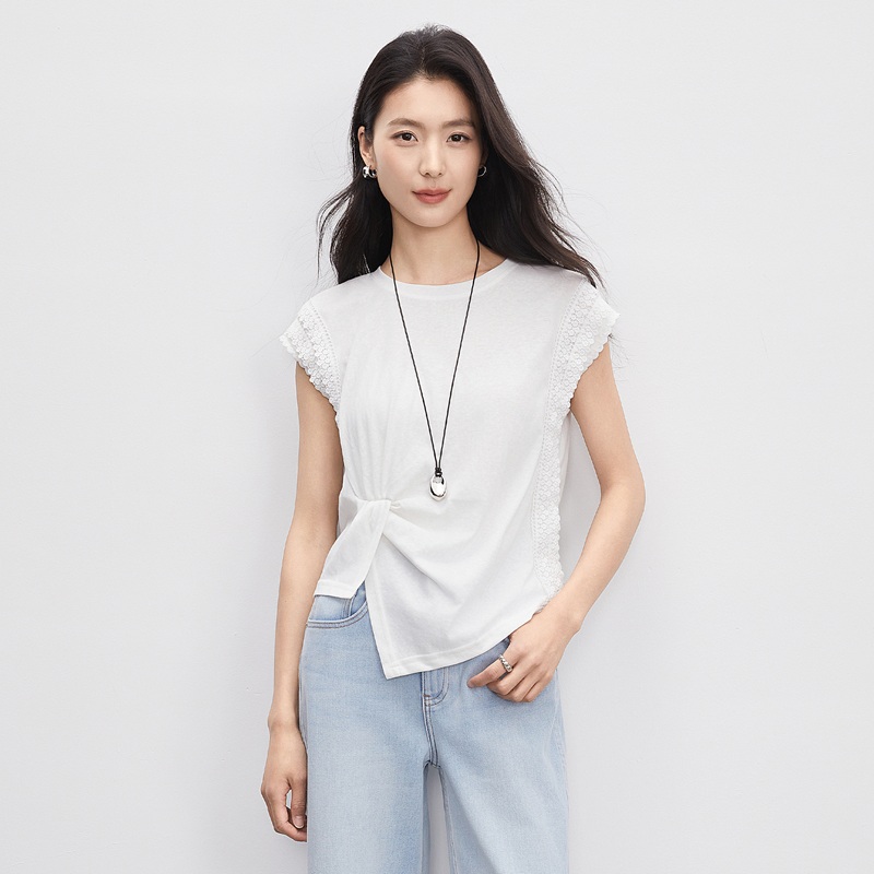 13356935.曼贝纯白色短袖t恤女2026新款夏季穿搭通勤蕾丝气质女士上衣内搭