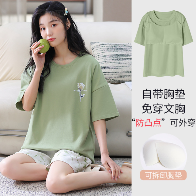 13358261.少宜睡衣套装家居服夏季带胸垫纯棉女士薄款短裤短袖甜美可爱女生女孩女款新款可外穿可外出大码居家春秋亲肤