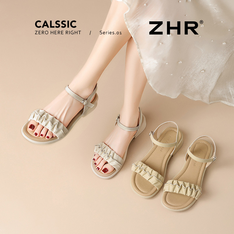 13355064.【ZHR则则】平底凉鞋露趾搭扣厚底女鞋[PU+牛剖层移膜革]