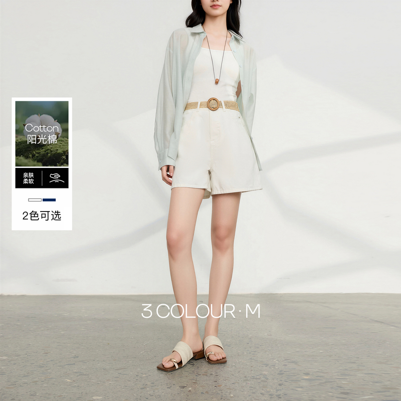 13341607.三彩2026夏季新款牛仔裤高腰短裤休闲裤直筒裤时尚简约显瘦M