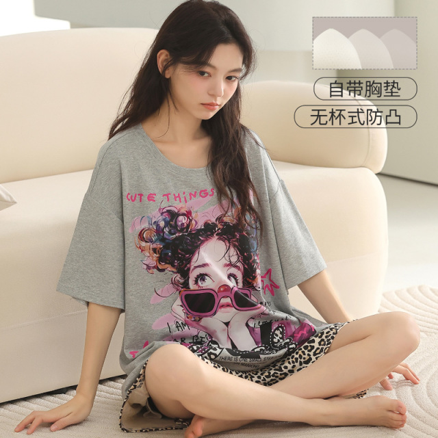 13358278.少宜睡衣套装家居服女款夏季新款带胸垫纯棉女士大码萌趣卡通居家女生女孩可外穿可外出薄款春秋亲肤休闲加大