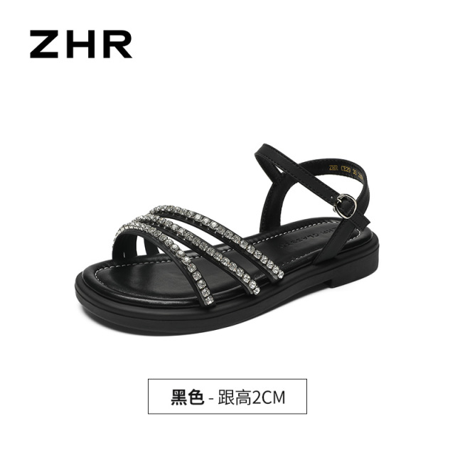 13355041.【ZHR则则】平底凉鞋露趾搭扣平底女鞋[牛剖层移膜革+PU]