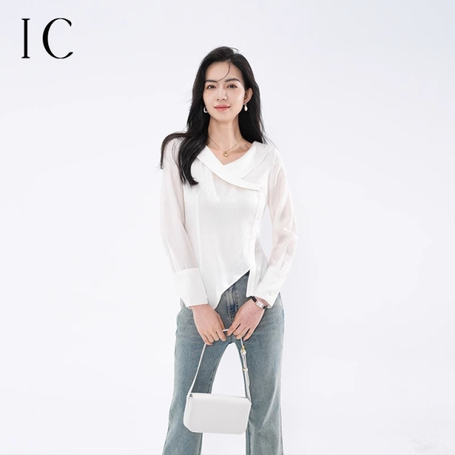 13357150.不对称斜交领小衫设计感长袖薄款通勤休闲女式新款夏季衬衫上衣