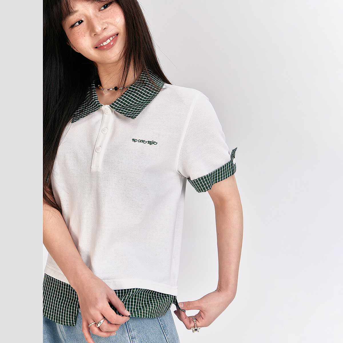 13364010.格子拼接翻领T恤女士夏季字母刺绣短袖POLO衫
