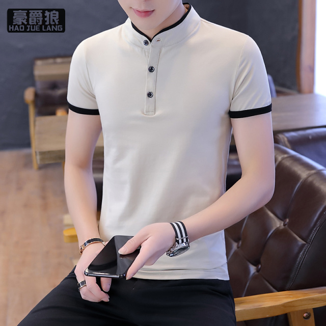 13358497.夏季短袖男士立领polo衫休闲纯色棉打底衫韩版半袖t恤潮流上衣服