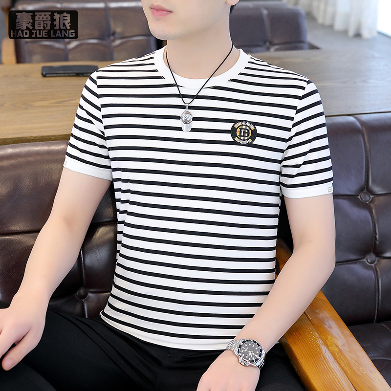 13358469.条纹短袖t恤男韩版纯棉夏季潮牌百搭新款圆领刺绣男士上衣打底衫