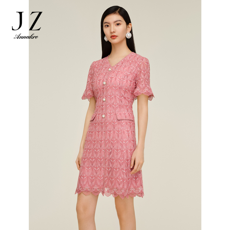13362077.JZ玖姿商场同款V领蕾丝刺绣粉色收腰连衣裙夏季新款JWDX50032
