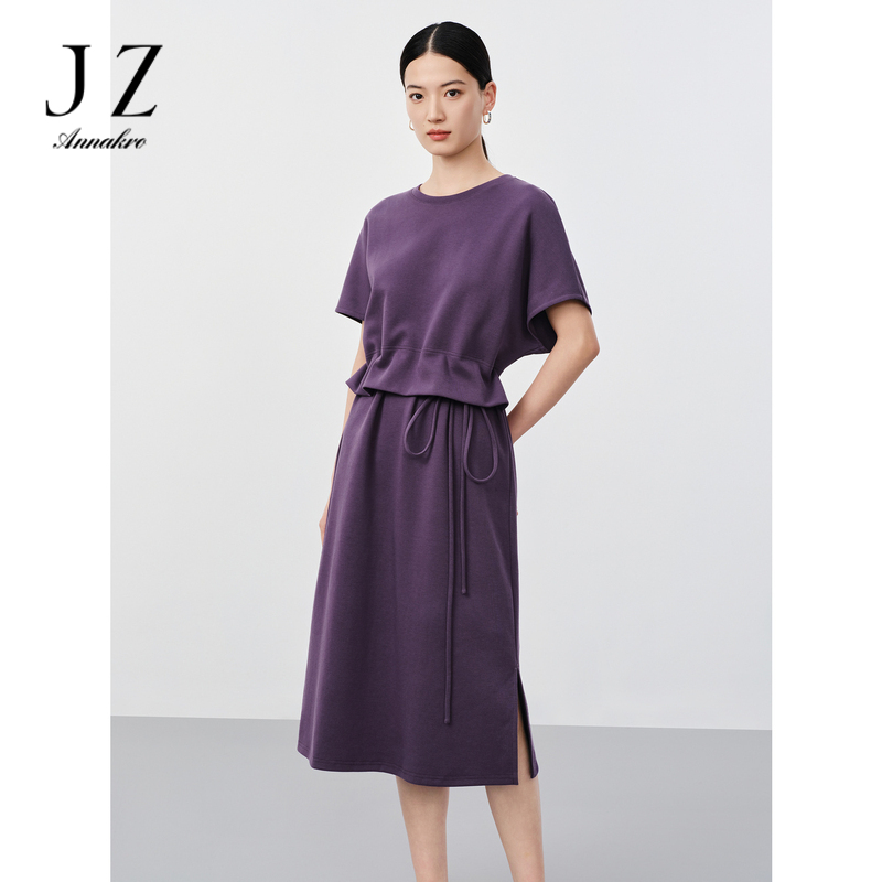 13362266.JZ玖姿轻运动感肌理连衣裙女装夏季新款休闲宽松开衩裙子蓝色