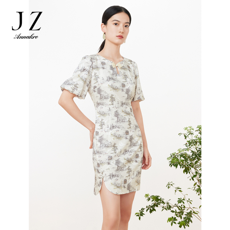 13362186.JZ玖姿新中式连衣裙女装夏季新款国风盘扣水墨印花开衩裙子
