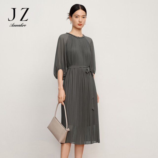 13362020.JZ玖姿洋气三宅风褶皱收腰显瘦长款纯色连衣裙女装夏季新款
