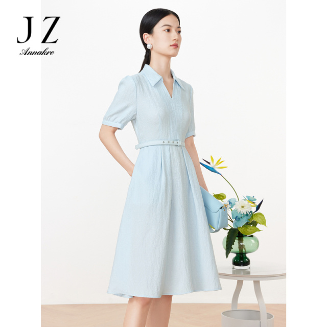 13362212.JZ玖姿提花短袖连衣裙女装夏季新款法式收腰泡泡袖裙子浅蓝