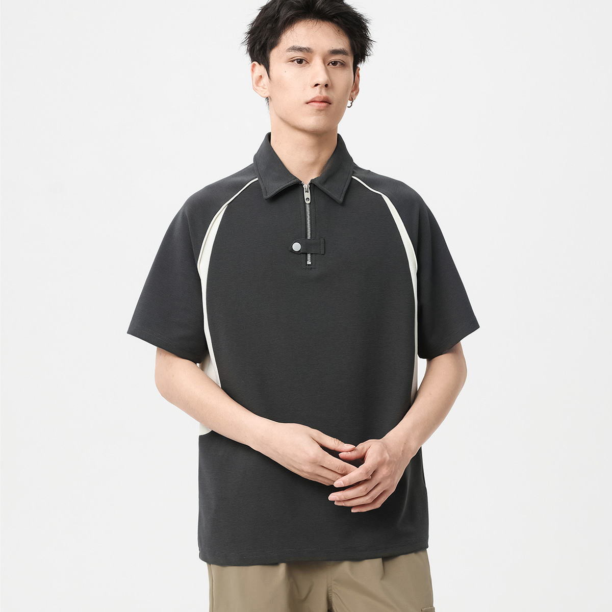 13363788.布衣传说 250g针织打机棉 夏季撞色拼接polo衫男士宽松短袖t恤