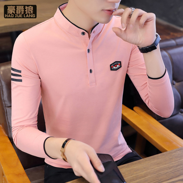 13358495.薄款卫衣立领长袖T恤舒适新款男春季青年潮流粉色打底百搭Polo衫