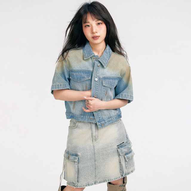 13363945.宽松牛仔外套女夏季喷马骝做旧翻领短袖夹克