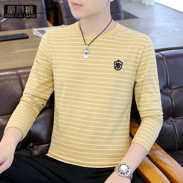 13358525.春秋简约条纹潮流修身长袖T恤男士圆领体恤上衣服纯棉打底衫男装