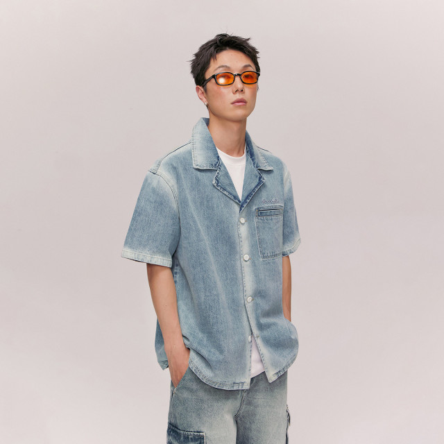 13364004.做旧牛仔衬衫男女款夏季复古学院刺绣短袖外套