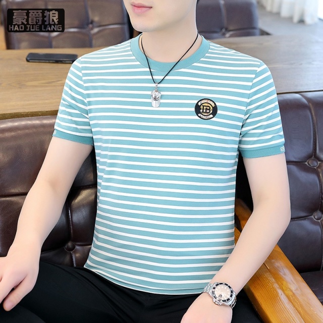 13358469.条纹短袖t恤男韩版纯棉夏季潮牌百搭新款圆领刺绣男士上衣打底衫