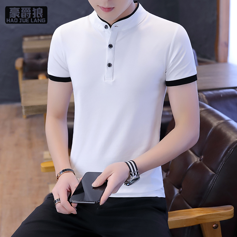 13358497.夏季短袖男士立领polo衫休闲纯色棉打底衫韩版半袖t恤潮流上衣服