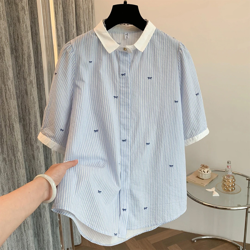 13460934.初云紫衣春夏装 女蓝白小清新条纹衬衫休闲百搭洋气短袖衬衫上衣5221