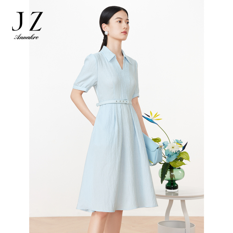 13362212.JZ玖姿提花短袖连衣裙女装夏季新款法式收腰泡泡袖裙子浅蓝