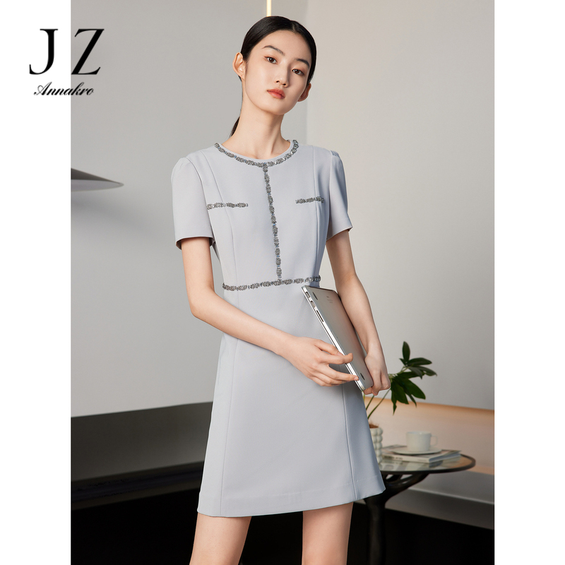 13362194.JZ玖姿手工钉珠连衣裙女装夏季新款小个子职业通勤裙子灰色