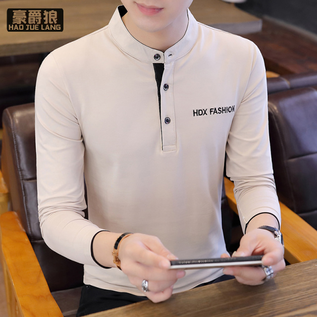 13358496.春款男士长袖T恤男韩版修身青年纯棉polo衫立领汗衫休闲打底衫潮
