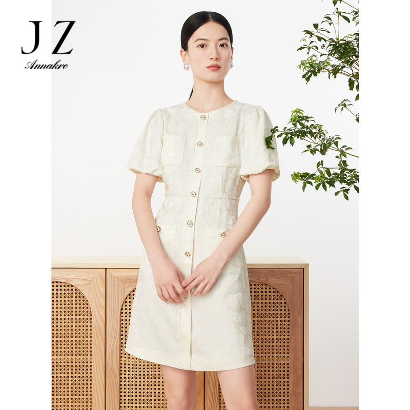13362070.JZ玖姿轻熟小香风几何提花中长款米白短袖连衣裙女装夏季新款