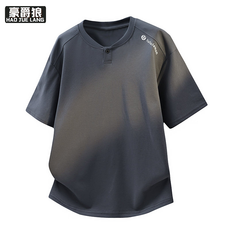 13358501.短袖t恤男百搭新款国潮流复古带钮扣半截袖夏季简约纯色体恤上衣