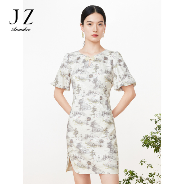 13362186.JZ玖姿新中式连衣裙女装夏季新款国风盘扣水墨印花开衩裙子